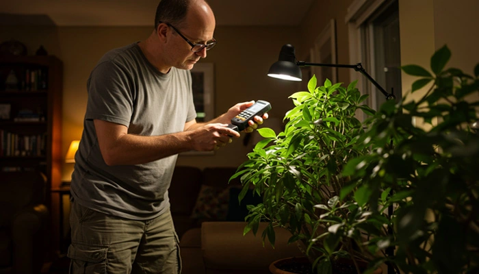 Alguém usando um medidor de luz para verificar se uma planta está recebendo a quantidade adequada de luz.