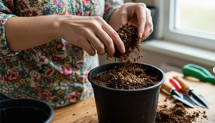 Preparando o substrato para o transplante da planta: solo rico em nutrientes.