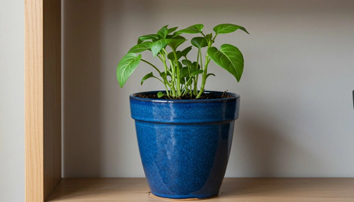 Planta recém transplantada em vaso novo com substrato novo.