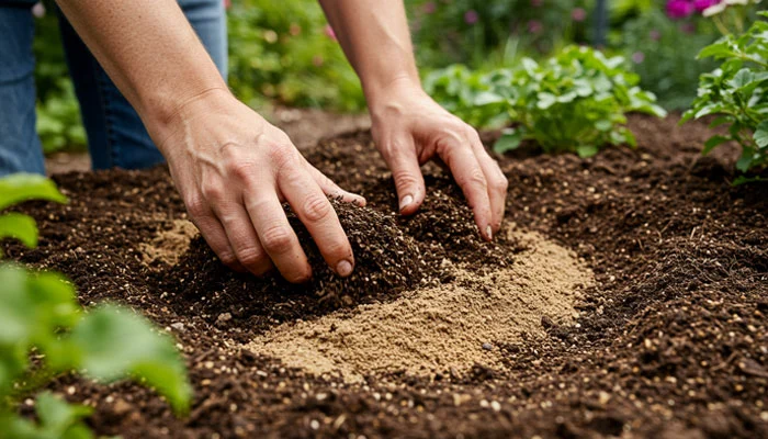 Mãos misturando composto orgânico ao solo.