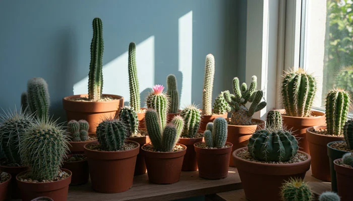 Cactos variados em um ambiente pequeno e bem iluminado.