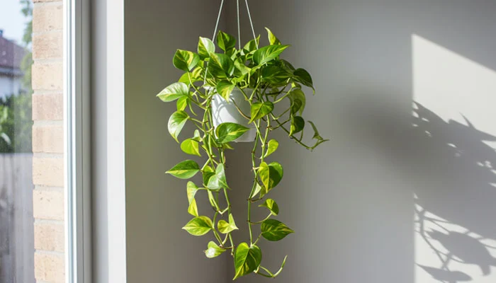 Jiboia pendurada em um vaso suspenso, decorando um canto da sala.