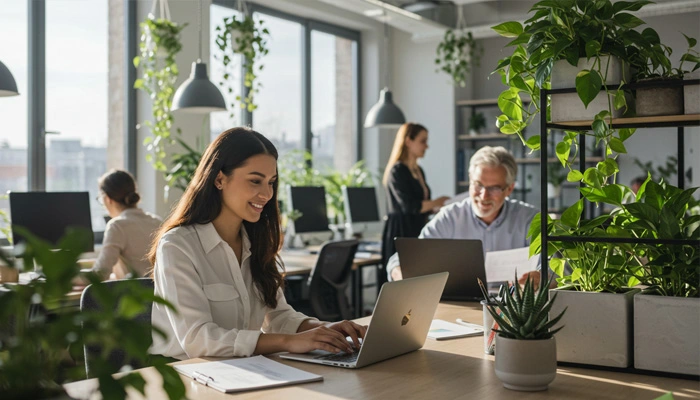 Plantas em um escritório moderno, aumentando a produtividade