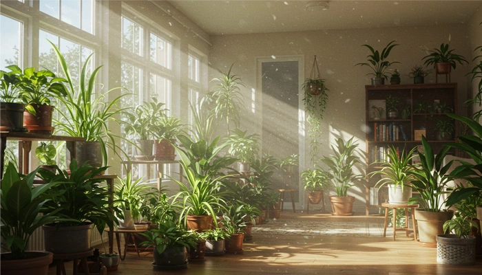  Uma imagem que mostre um ambiente interno bem decorado com diversas plantas que purificam o ar