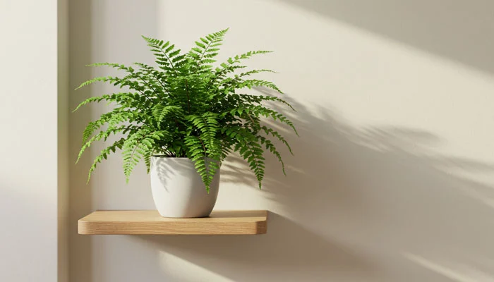 Samambaia em vaso na prateleira, decorando a sala.