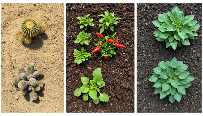 Comparativo de diferentes tipos de solo com plantas adequadas para cada um.