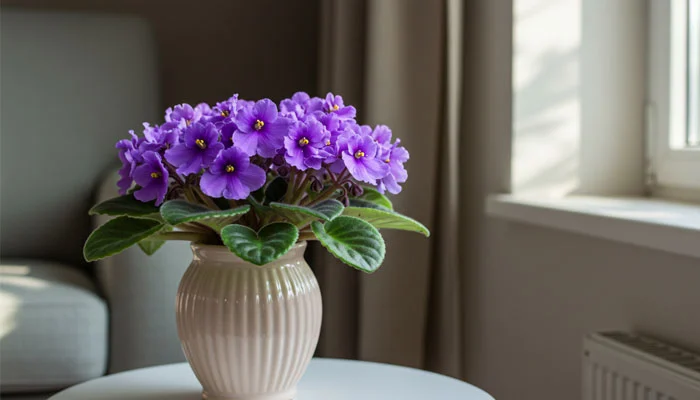 Violeta Africana florida em um vaso pequeno, adicionando cor ao ambiente.