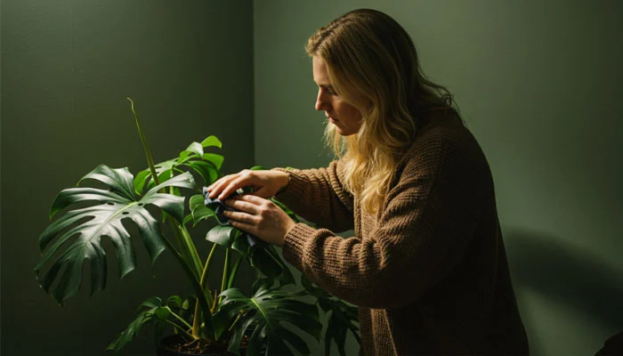 Pessoa cuidando de planta que não precisa de muita luz em casa