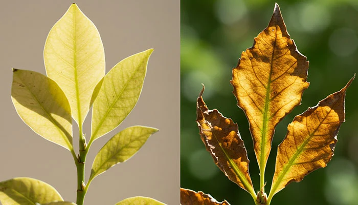 Foto de uma planta com folhas amareladas e outra com folhas queimadas, lado a lado, mostrando os sinais de excesso e falta de luz.