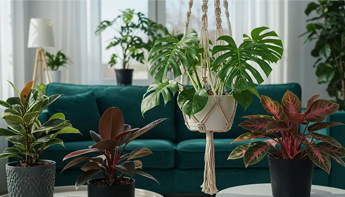 Uma composição de diversas plantas da moda em 2025, com destaque para a Monstera Variegata e a Philodendron Pink Princess, em um ambiente decorado e moderno.