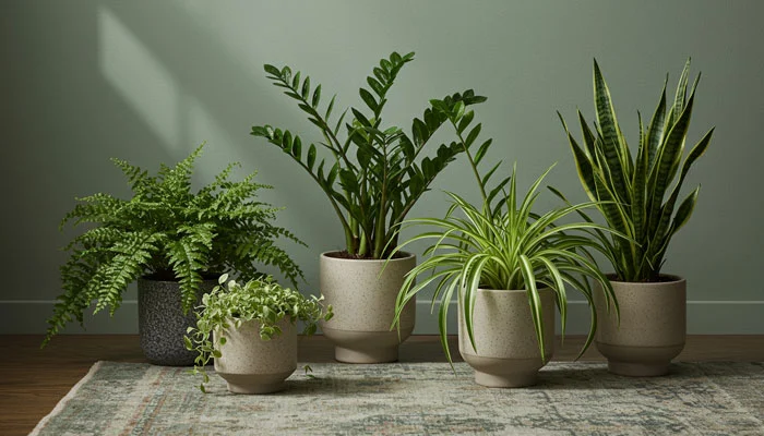 Arranjo de plantas para ambientes com pouca luz em sala de estar