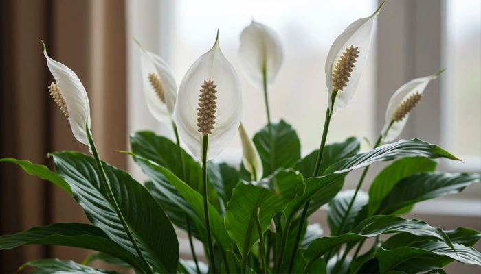 Imagem mostrando um Lírio-da-Paz em um ambiente interno, com foco em suas folhas e flores brancas, destacando sua capacidade de purificar o ar.