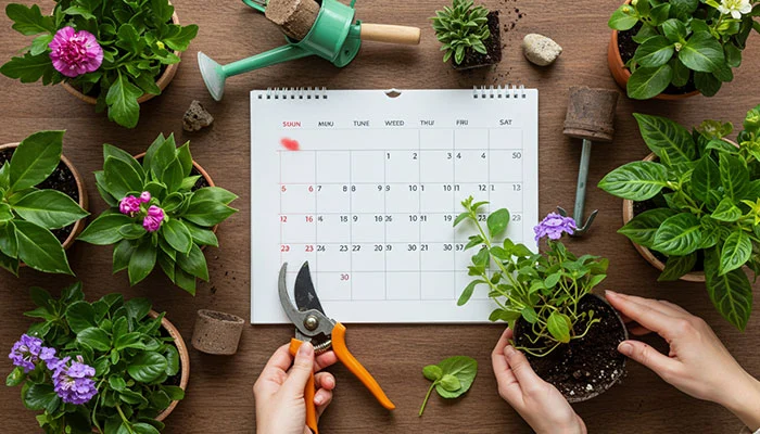 Imagem de capa com calendário anual de cuidados com plantas, ferramentas de jardinagem e diversas plantas em vasos.