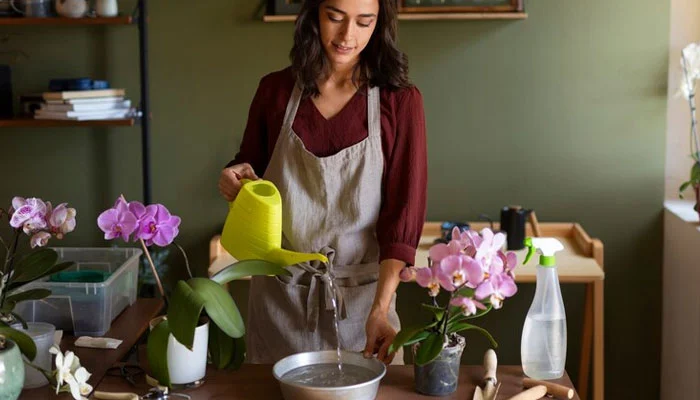 Foto de alguém regando uma orquídea com um regador adequado