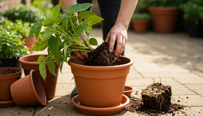 Transplante de planta para um vaso maior com solo fresco