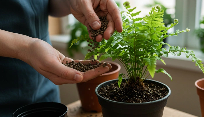 Adubando samambaias com adubo orgânico para um crescimento saudável.