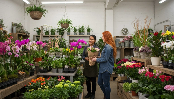 Escolhendo plantas frescas em uma floricultura local. 