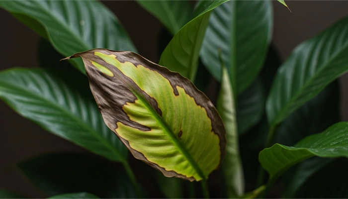 Folhas de Lírio-da-Paz amareladas indicando falta de nutrientes.