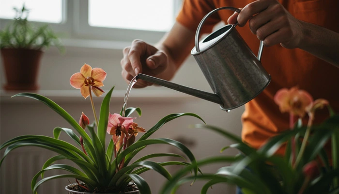 Regando delicadamente uma planta rara em um vaso.