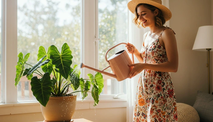 Regando as plantas para garantir sua saúde e beleza.