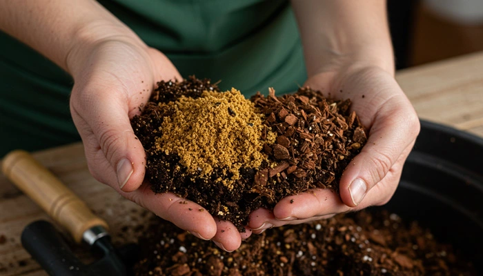 Preparando o substrato ideal para samambaias: terra vegetal, húmus de minhoca e casca de pinus.