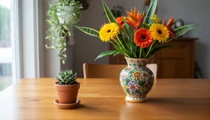 Cinco tipos de plantas decorando uma sala com suculenta, jiboia e flores