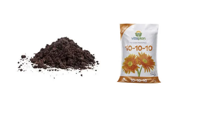 Fertilizantes orgânicos e minerais para plantas, como esterco e NPK 10-10-10