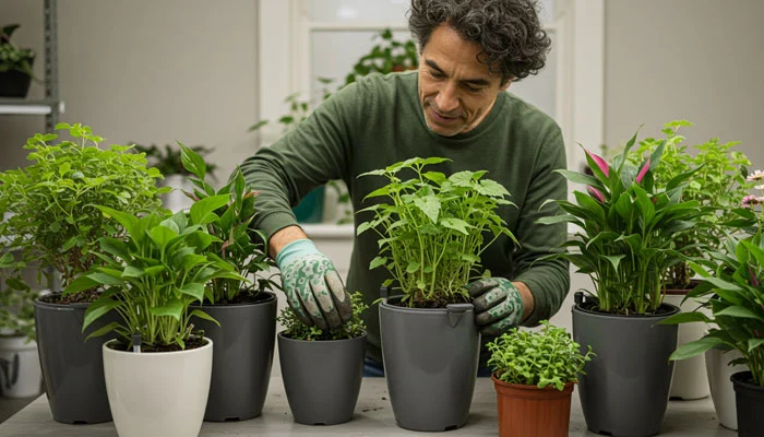 Jardim exuberante com vasos autoirrigáveis mantendo plantas hidratadas e saudáveis