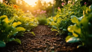 Jardim exuberante com adubos orgânicos: plantas saudáveis e flores vibrantes