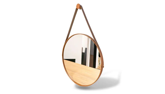 Espelho Adnet Redondo De Parede Decorativo 50cm Com Costura Alça Removível Sala Quarto Banheiro