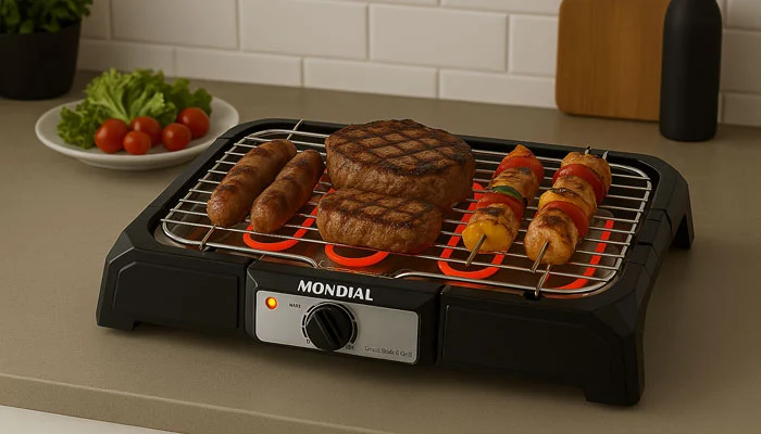 Churrasqueira elétrica Mondial CH-05 em uso para churrasco em casa

