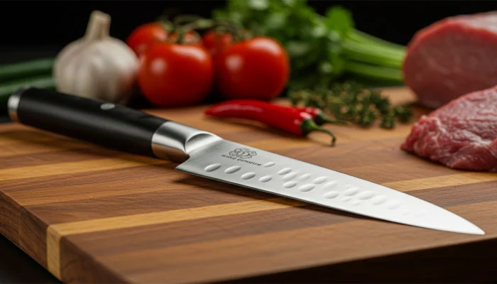 Faca de chef em tábua de madeira com ingredientes, ideal para escolher uma boa faca