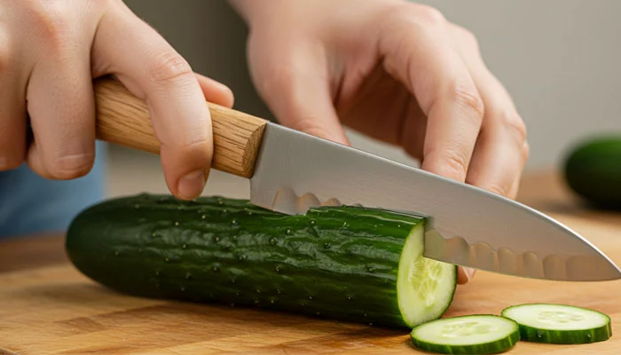 Mão segurando faca ergonômica cortando vegetal, essencial para escolher uma boa faca
