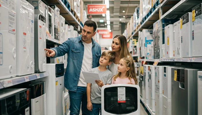 Família escolhendo purificador de ar para casa
