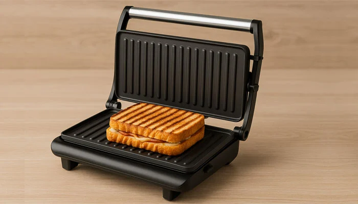 Grill elétrico grelhando sanduíche, ideal para refeições rápidas