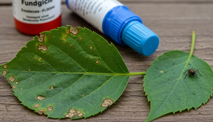 Folha com pragas e fungos mostrando necessidade de inseticidas e fungicidas