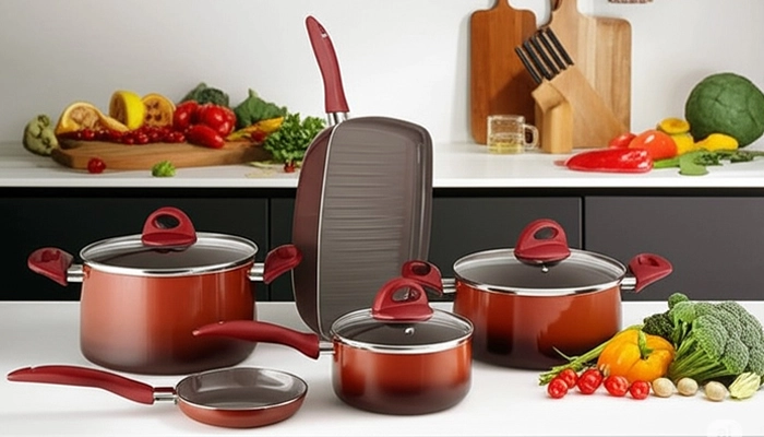 Conjunto de panelas cerâmicas atóxicas em cozinha moderna para cozimento saudável