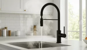 Torneira elétrica moderna em cozinha, aquecendo água com eficiência