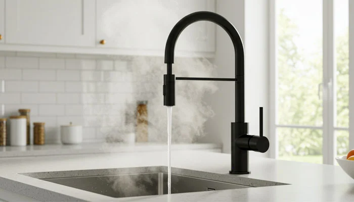 Torneira elétrica moderna em cozinha, aquecendo água com eficiência