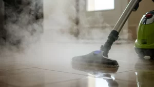 Vaporizador de limpeza em ação higienizando piso de azulejo