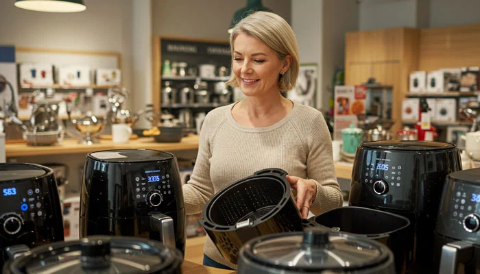 Uma pessoa avaliando diferentes modelos de air fryers em uma loja de eletrodomésticos, representando o guia de compra
