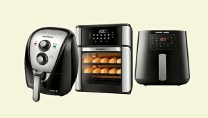 Uma variedade de air fryers de diferentes marcas e modelos em uma bancada de cozinha moderna, ilustrando um comparativo