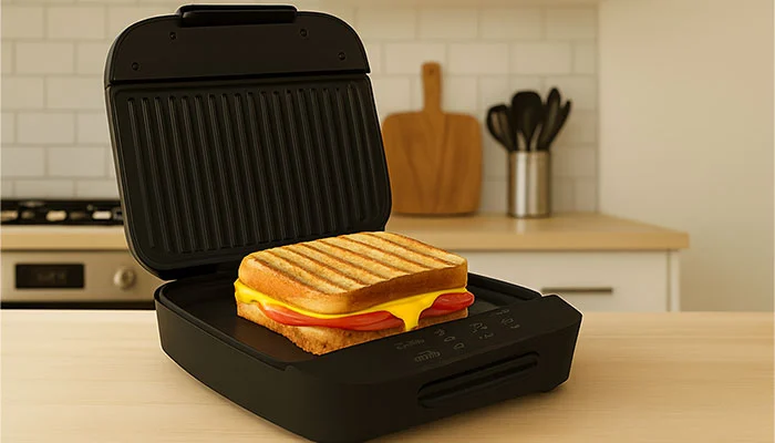 Pão de forma sendo prensado na sanduicheira grill Cadence.