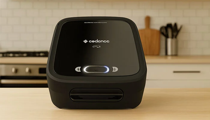 Grill sanduicheira Cadence SAN400 preta em cima de uma bancada.