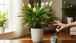 Lírio da paz saudável com flores brancas e folhas verdes brilhantes em ambiente interno iluminado. 