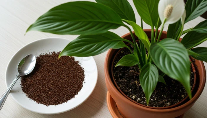 Pó de café seco ao sol para ser utilizado como adubo caseiro em plantas de sombra. 