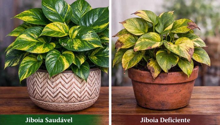 Diferença entre jiboia saudável e jiboia com deficiência nutricional