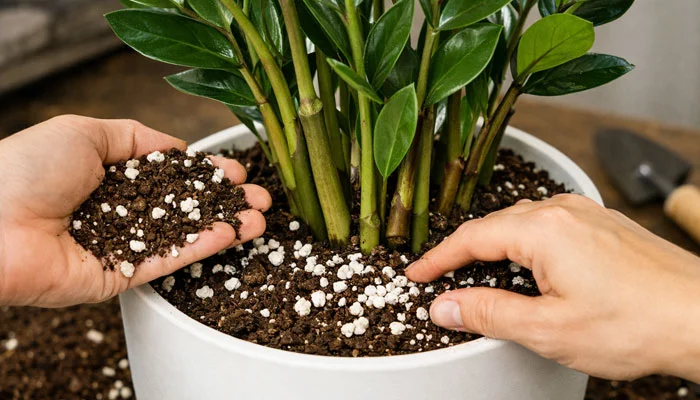 Pessoa adicionando mistura de terra vegetal e perlita em vaso de Zamioculca para melhorar a drenagem.